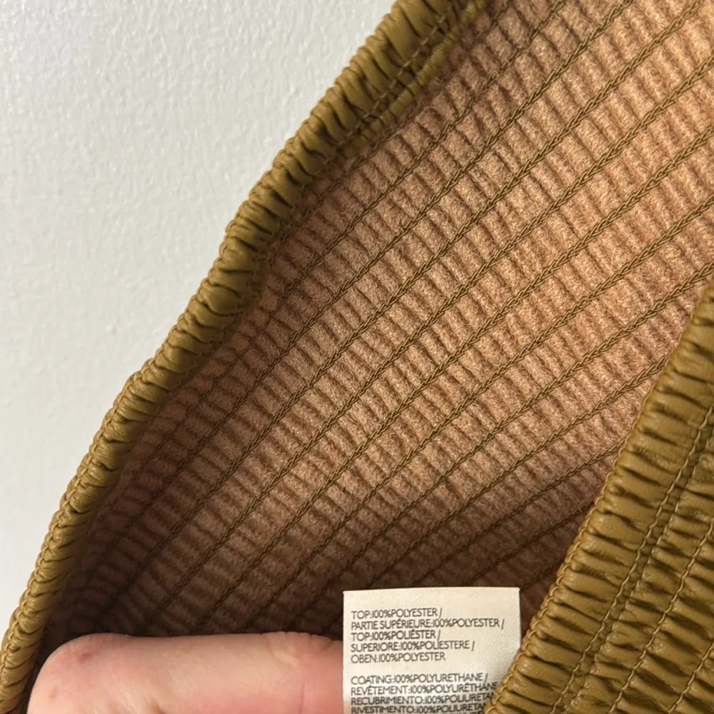 NWT Pilcro Anthropologie M Faux Leather Smocked Wide-Leg Jumpsuit in Khaki - Image 9