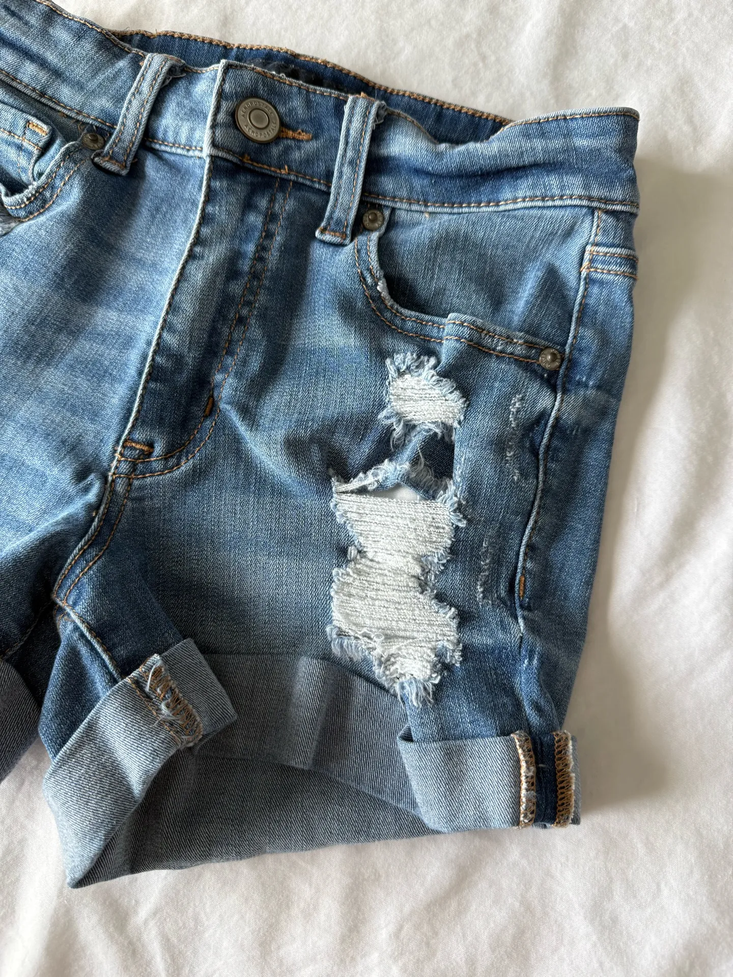 Medium Wash Distressed High Rise Midi Jean Shorts - Image 2