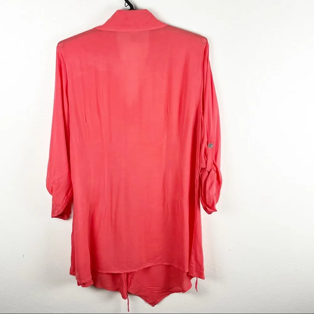 SOFT SURROUNDINGS Pink Coral Diagonal Button A-Symmetrical Tab Sleeves Top Large - Image 2