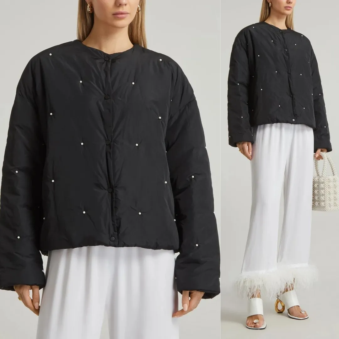 Sleeper  Faux Pearl‎ Puffer Cropped Jacket Black Size S/M - Image 2
