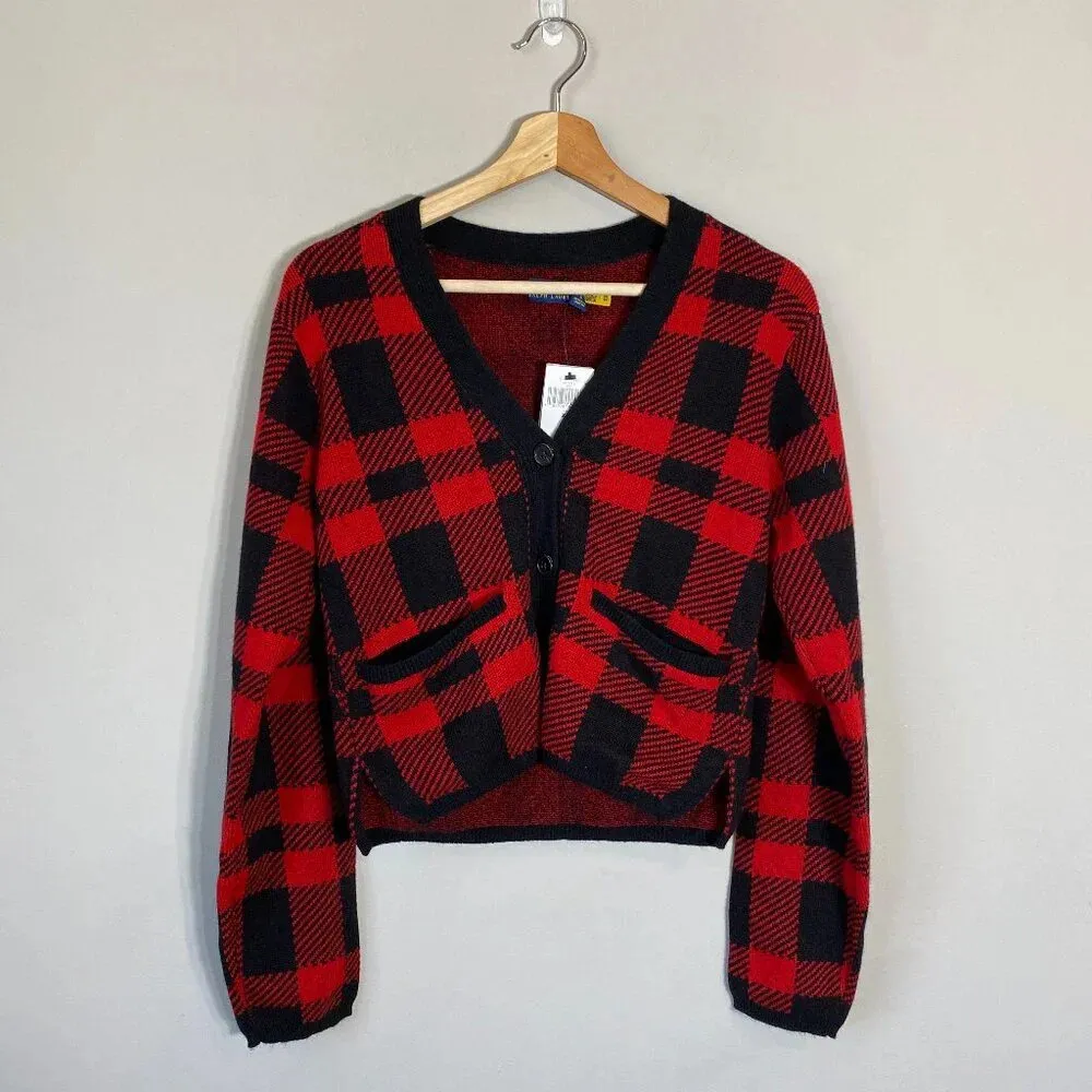 NWT Polo Ralph Lauren Buffalo Plaid Cropped Cardigan Sweater Womens XS Red Black - Image 4