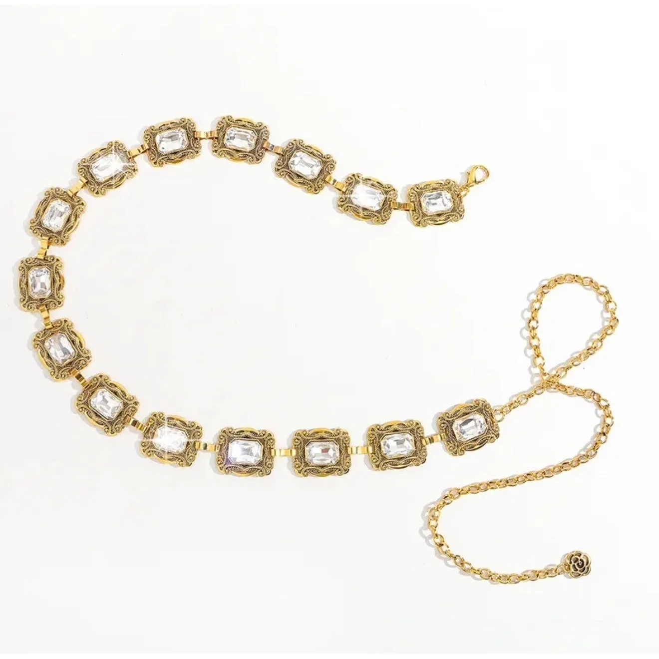 Vintage Gold Waist Chain Belt‎ with Rhinestone Gems Crystal Chain Adjustable - Image 2