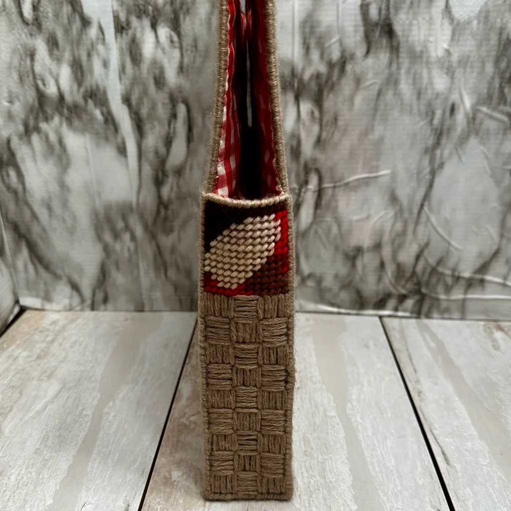 Hand Made In Haiti Happy Mushroom Needlepoint Tote Quirky Cute Red Checkered - Image 5