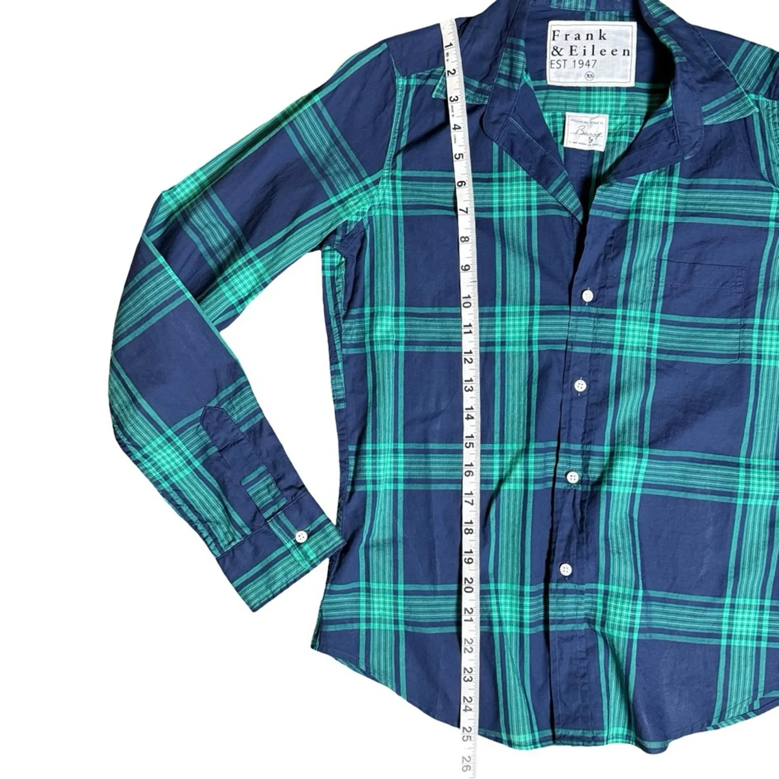 Frank & Eileen Barry Tailored Button Up Jade Navy Plaid Shirt Size XS - Image 13
