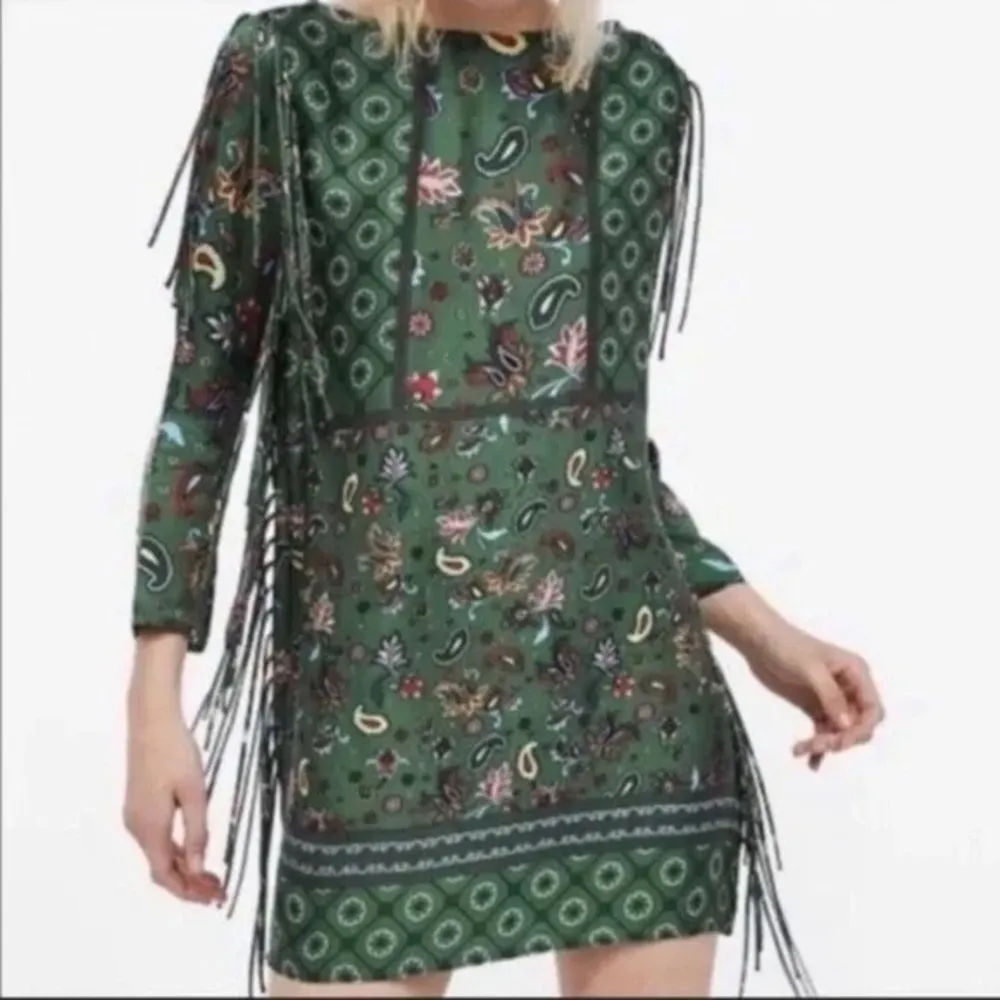 Zara Green Bohemian Fringe Paisley Print Mini Dress Women’s Size Small S NWT - Image 12