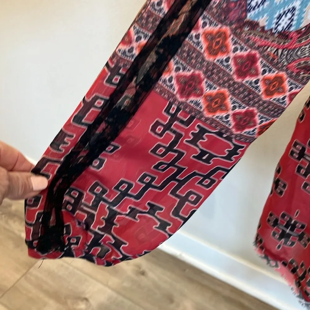 V Christina paisley sheer beaded,lace,tassels Boho tunic 22x 31 Size L - Image 4