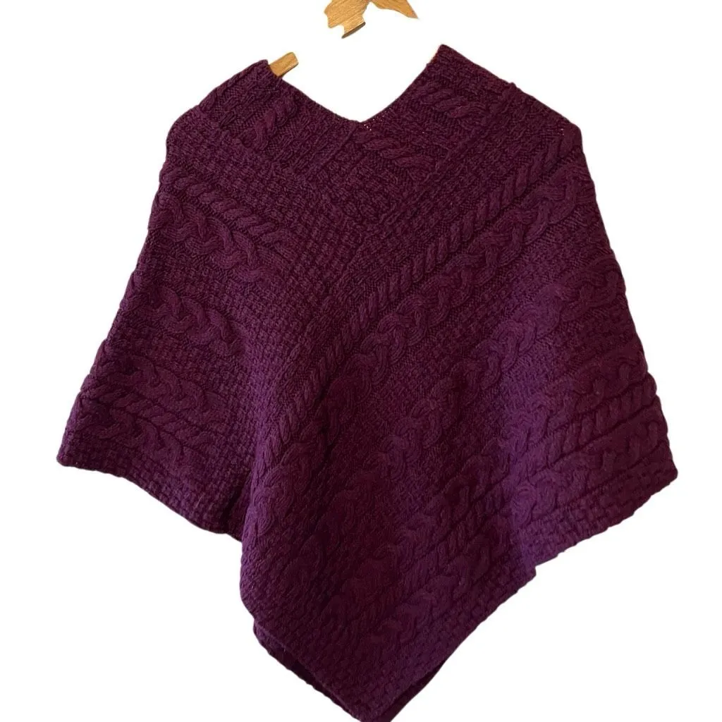 Aran Sweater Market 100% Merino Wool Cable Knit Poncho Plum One Size Purple Size L - Image 5
