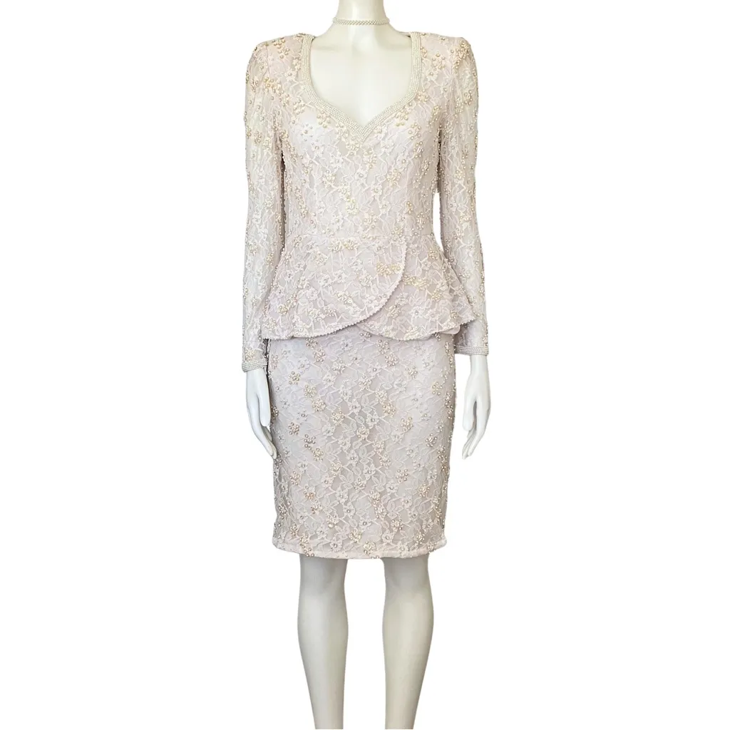Vintage 80s Ivory Lace Pearl Beaded Sequin Peplum Dress XS Bridal Off White NWT - Image 3