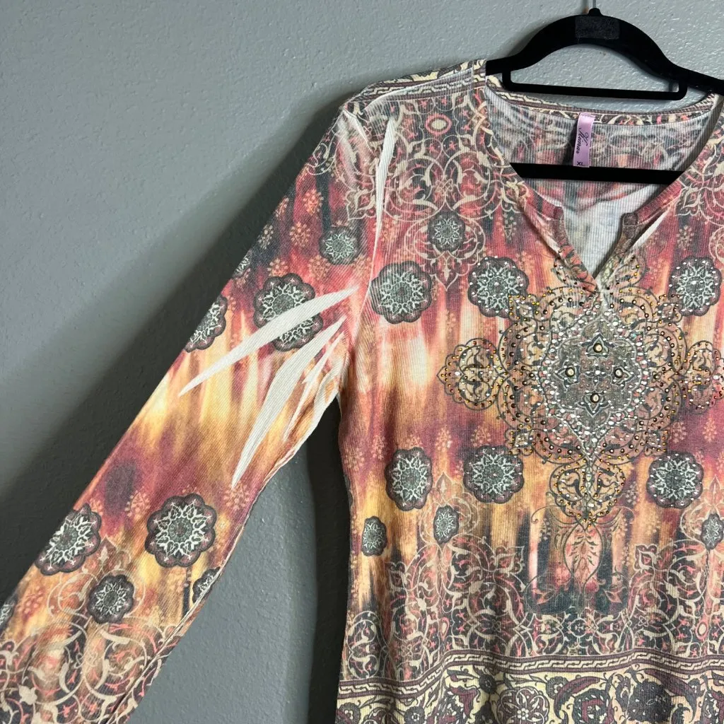 Kiara Desert Fire‎ Ribbed Top Women's XL Y2K Embellished Long Sleeve Yellow - Image 5