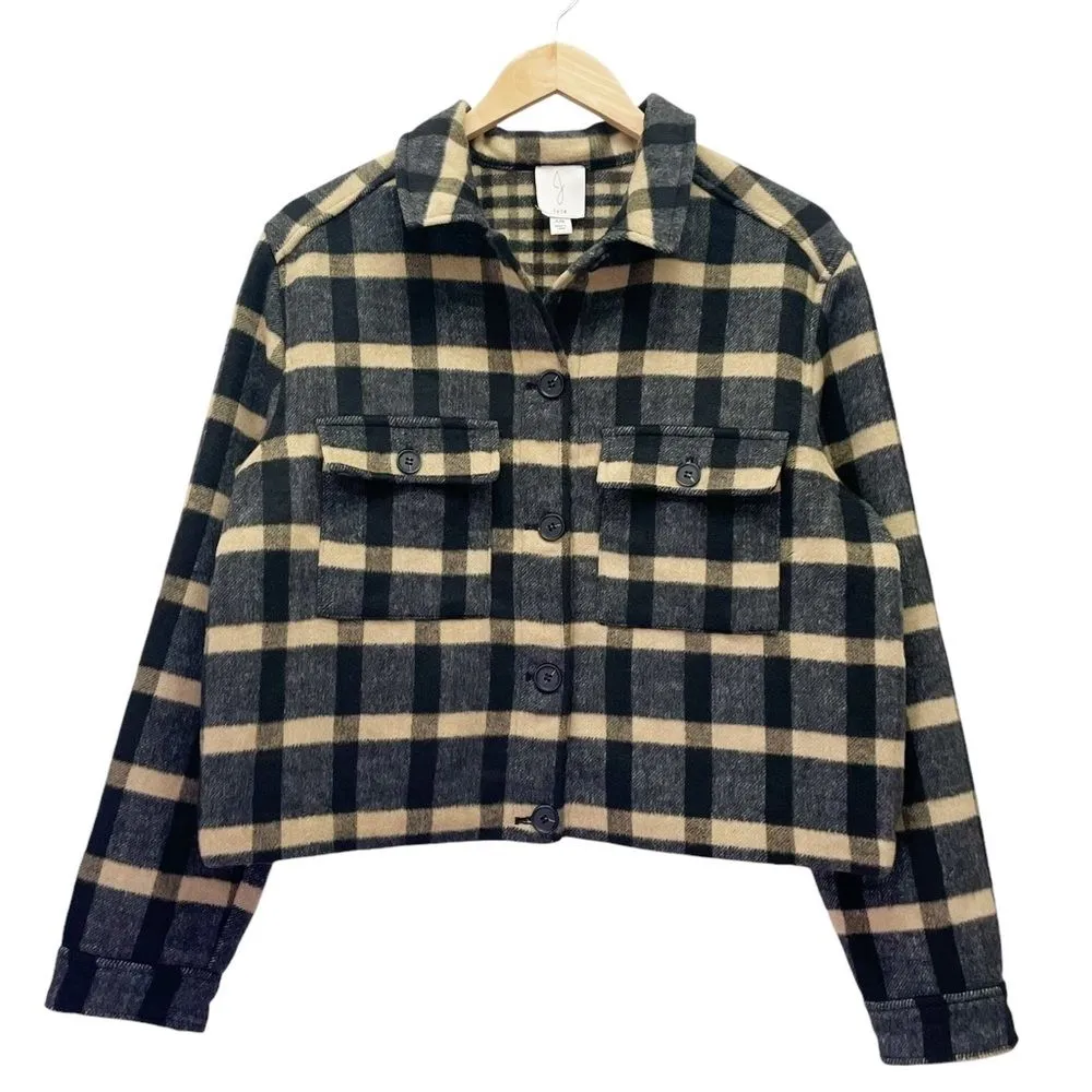 Joie Plaid Brushed Flannel Jacket Shacket Black & Tan Plaid Check Size Large - Image 3