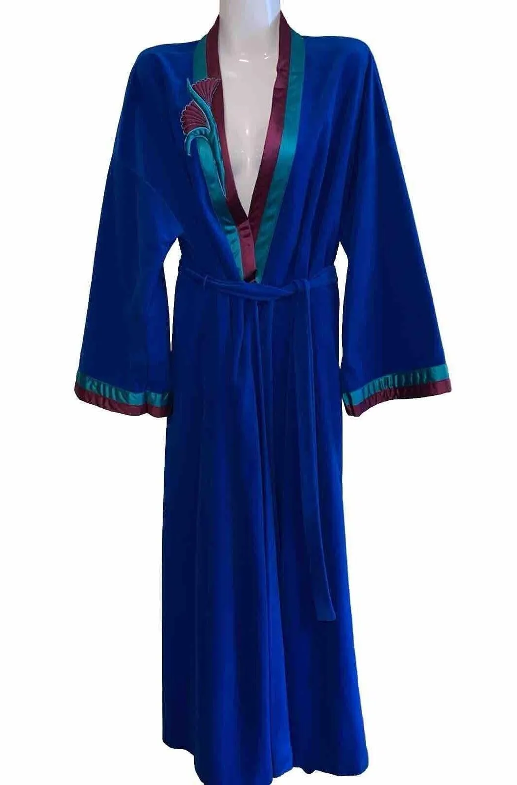 VTG 80s Vanity Fair Burgundy Teal Velvet Housecoat Long Robe Women’s Sz L USA - Image 1