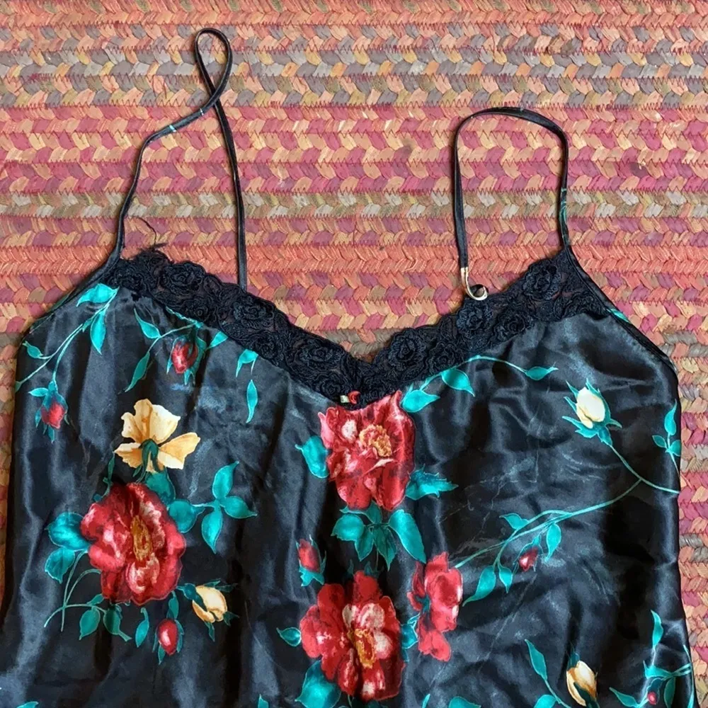 VINTAGE DELICATES BLACK FLORAL SATIN LINGERIE SLIP DRESS Size M - Image 2
