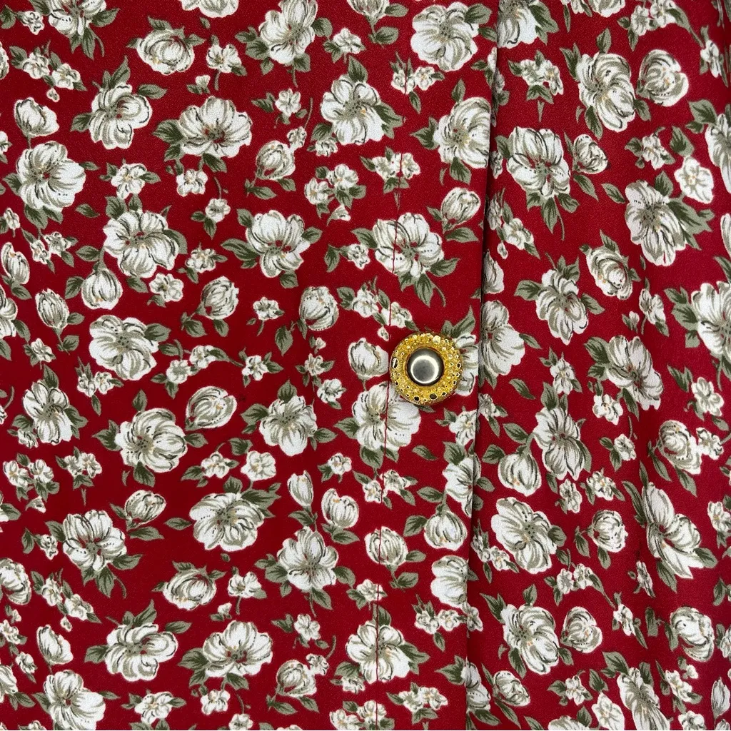 VINTAGE • Panache • Midi Dress • Red with White Flowers • Large • Gold Buttons - Image 10