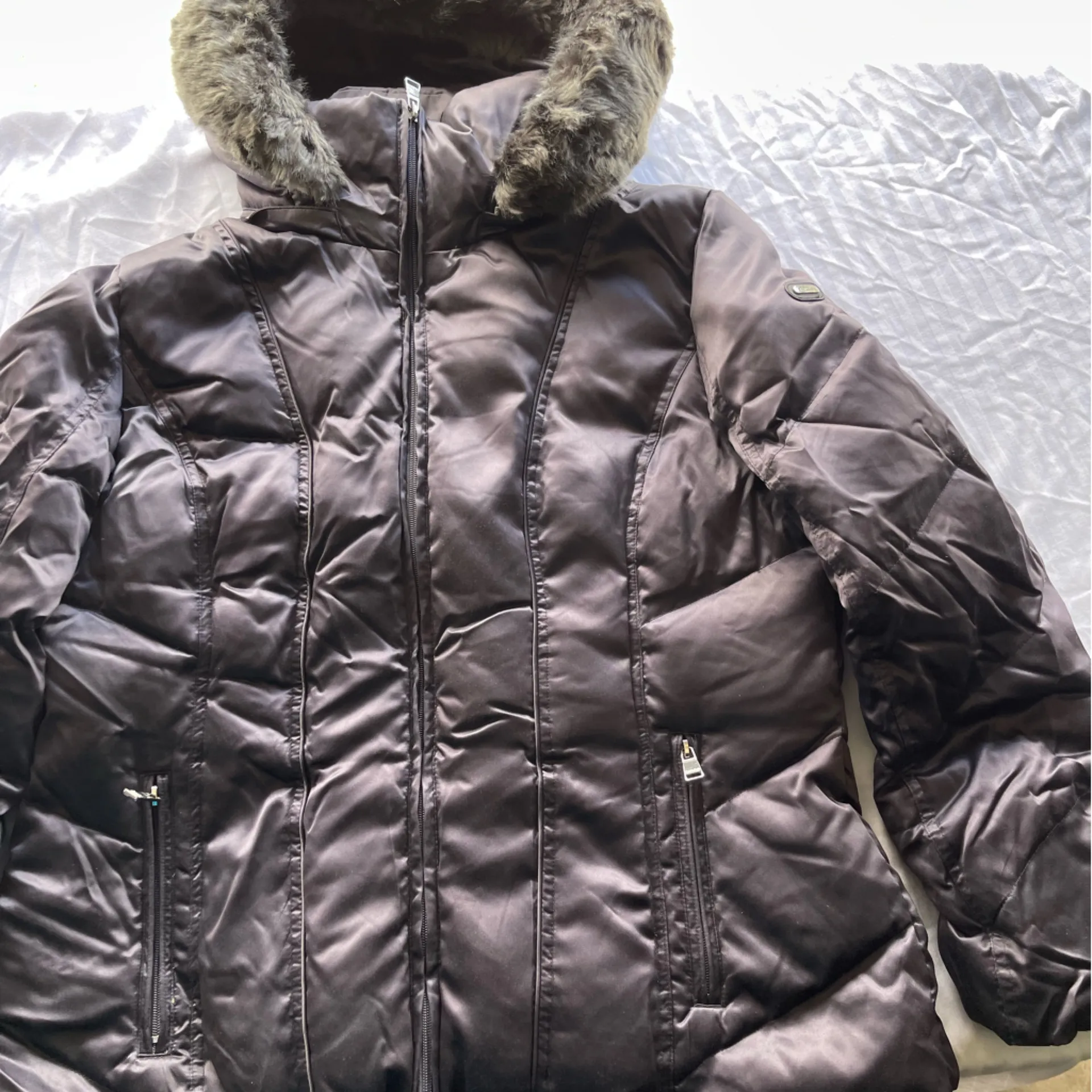 Calvin Klein Gray Silver Brown Faux Fur Hood Women’s Sz XL Puffer Coat - Image 4