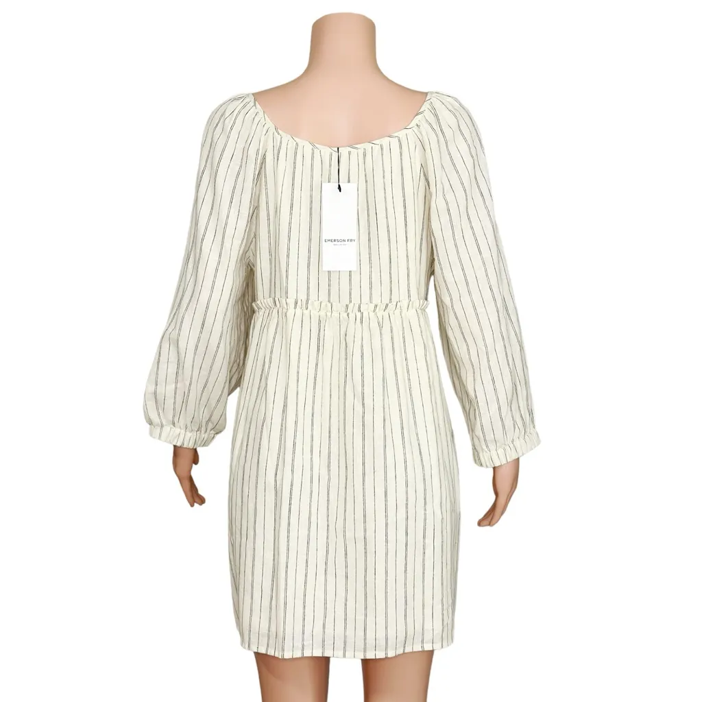 EMERSON FRY Jasmine Button Down Dress, Ivory Hemp Stripe Organic, Large Blue - Image 12