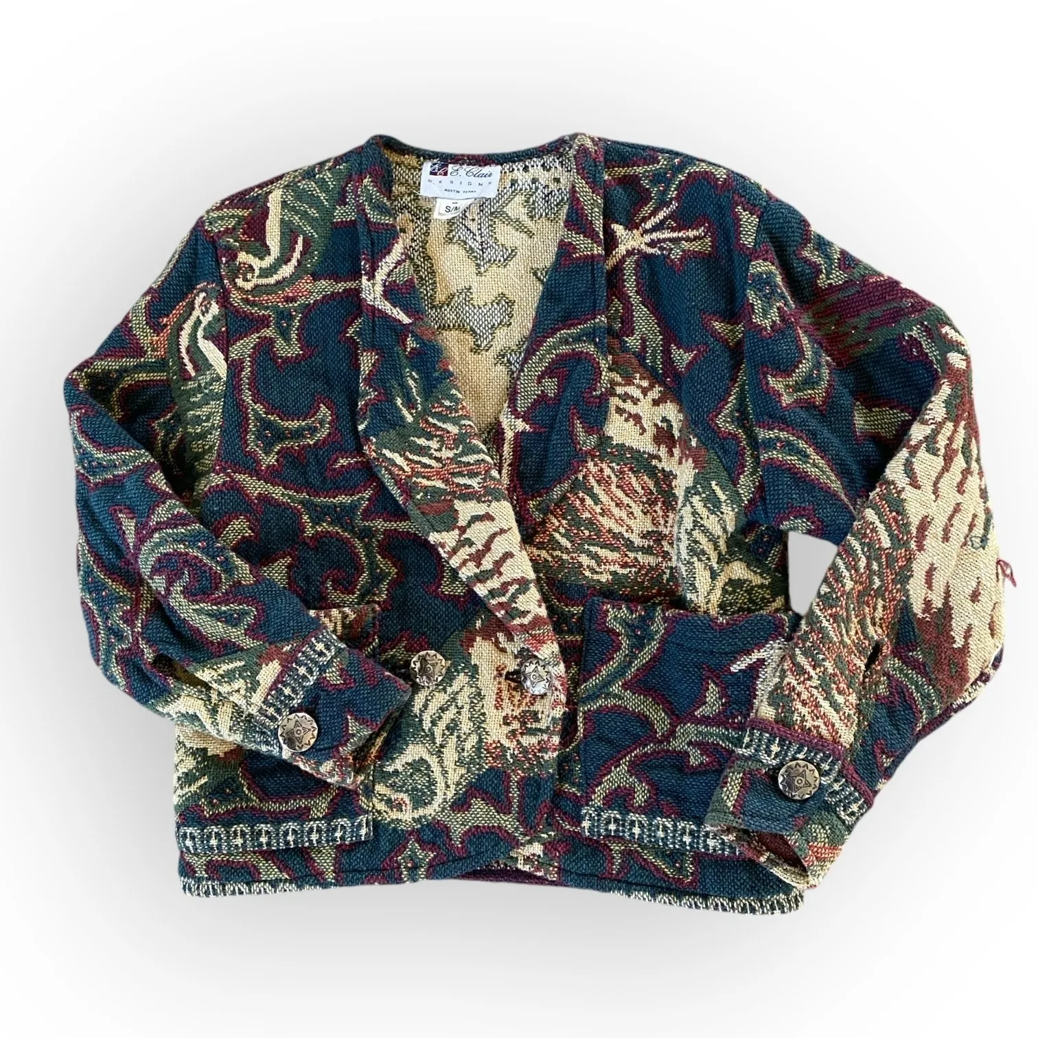 Vintage Tapestry Coat Shawl Collar Two Button E. Claire S/M Boho Artsy Western Blue Size M - Image 3