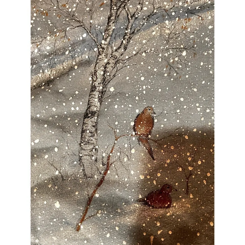 Vintage Artisans women's size large jacket covered bridge, winter scene ,birds Blue - Image 6