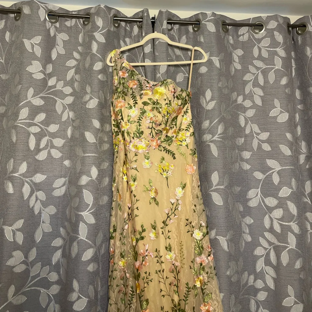MAC DUGGAL Beige One Shoulder Floral Embroidered Gown in Yellow Multi - Image 7