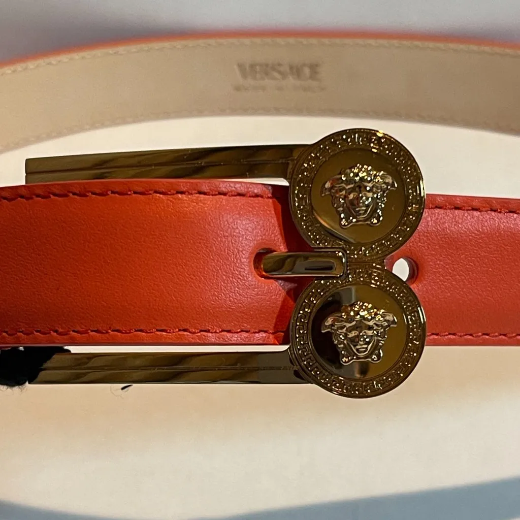 Versace Double Stud Medusa Belt in Coral Calf Leather - Size 65 cm/26" - NWT - Image 3
