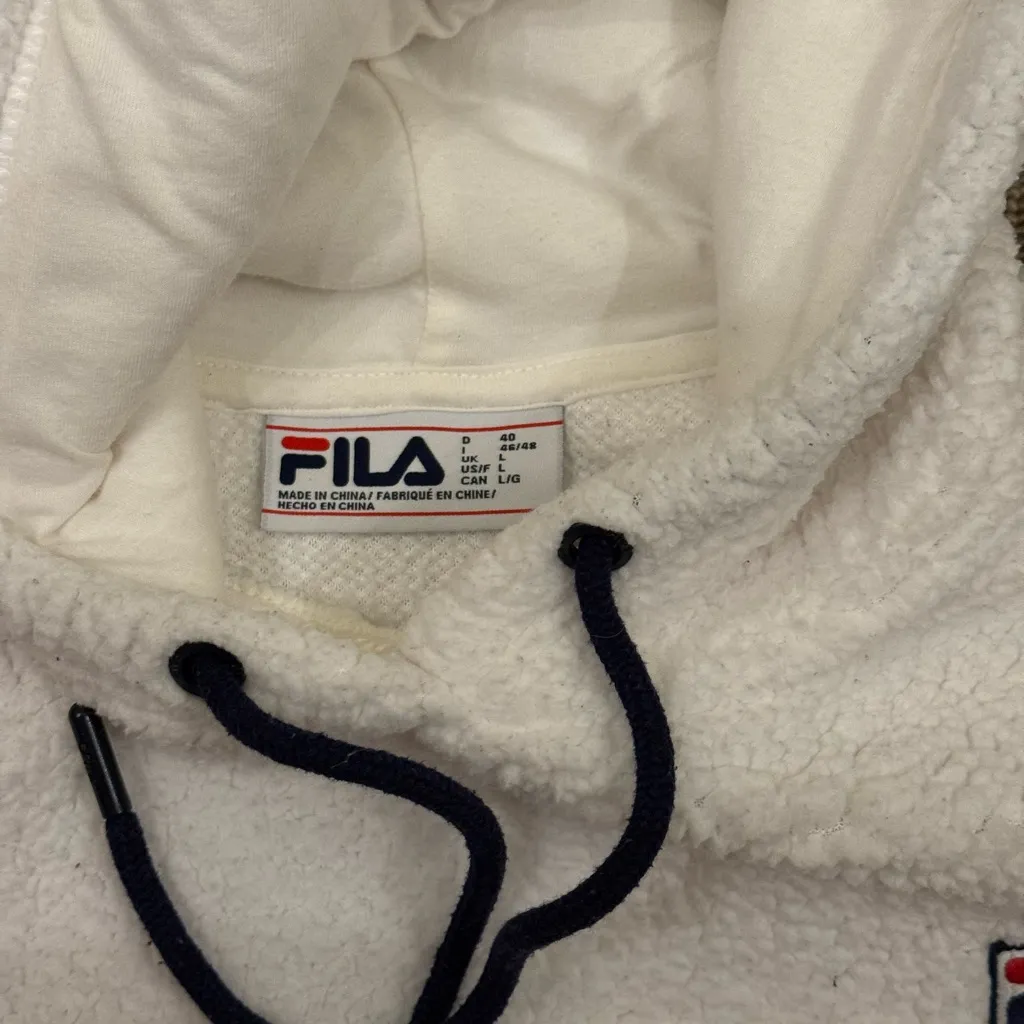 FILA Women’s White Navy Fuzzy Cozy Hoodie Hooded Sweater Size Large - Image 8