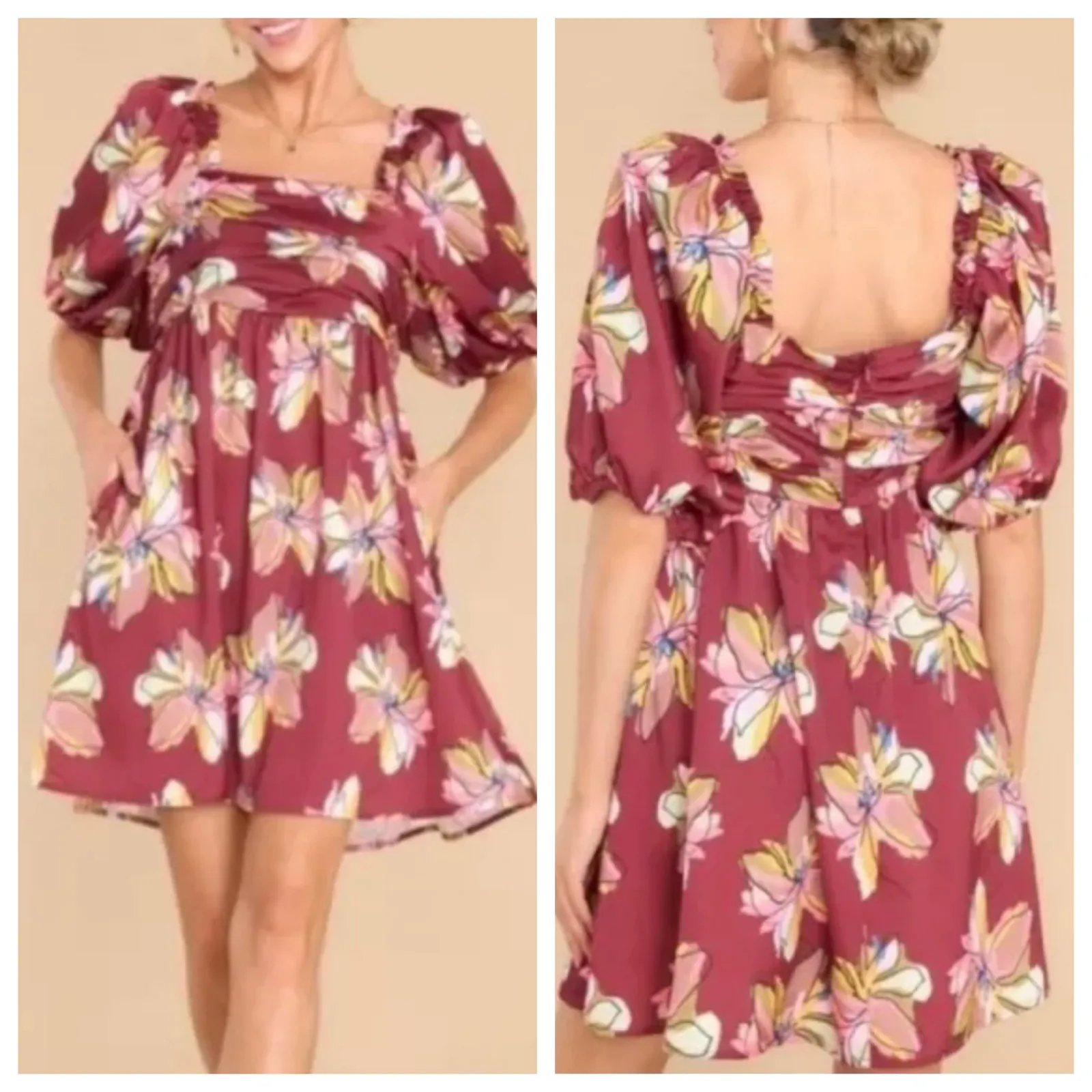 Crosby by Mollie Burch Mini Dress Puff Sleeve Burgundy Floral Babydoll New - Image 2