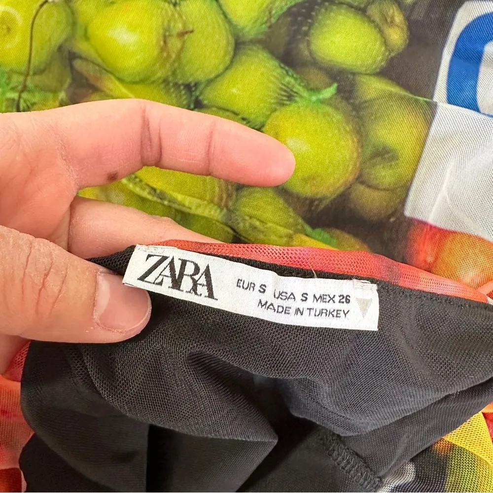 Zara Ruched Mesh Maxi Dress Strappy Sleeveless Fruit Stand Print Colorful Size S - Image 13