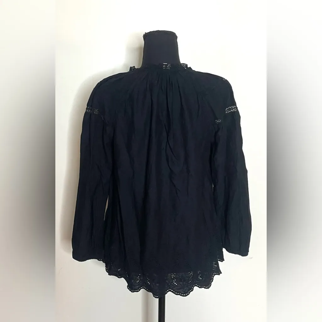 Old Navy- Black Boho Lace Detailing Long Sleeve Blouse Size S - Image 5