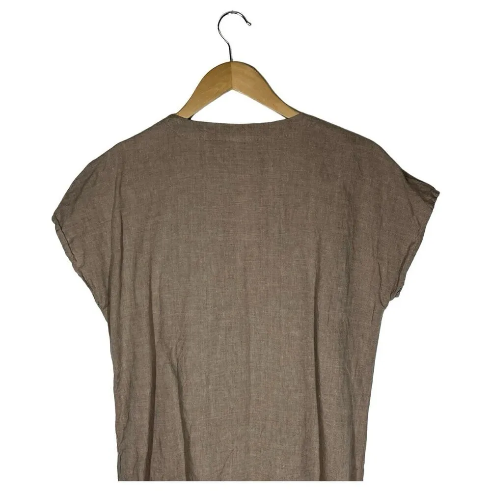 J Jill Love Linen Shirt Dress Womens M V Neck Button Front Dress Pintuck Brown - Image 6