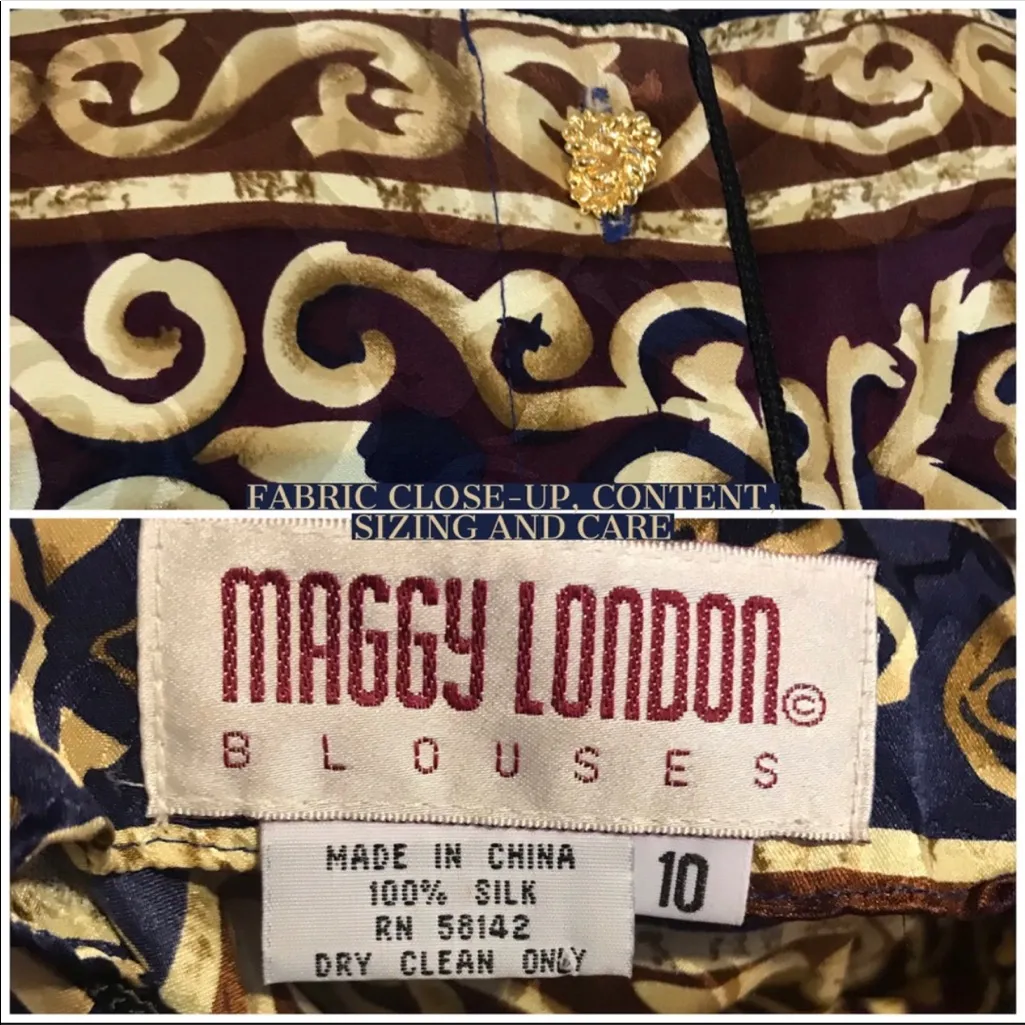 VINTAGE 1980'S MAGGY LONDON MAROON & CREAM SILK BLOUSE (10) Blue - Image 5