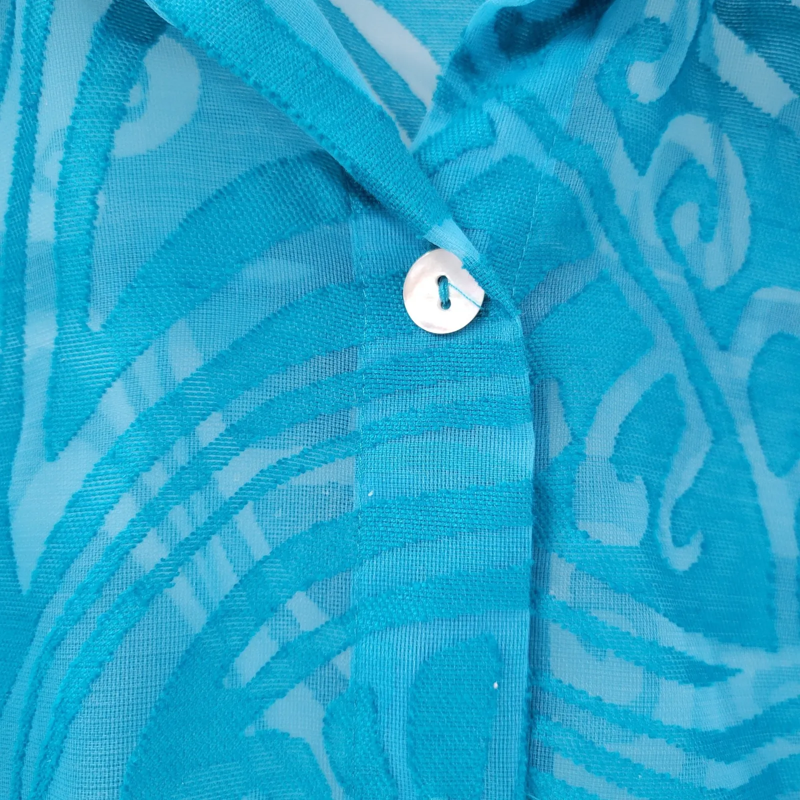 Marisol Button Up Top Womens XL Blue Sheer Turquoise Linen Blend Burnout Design - Image 6