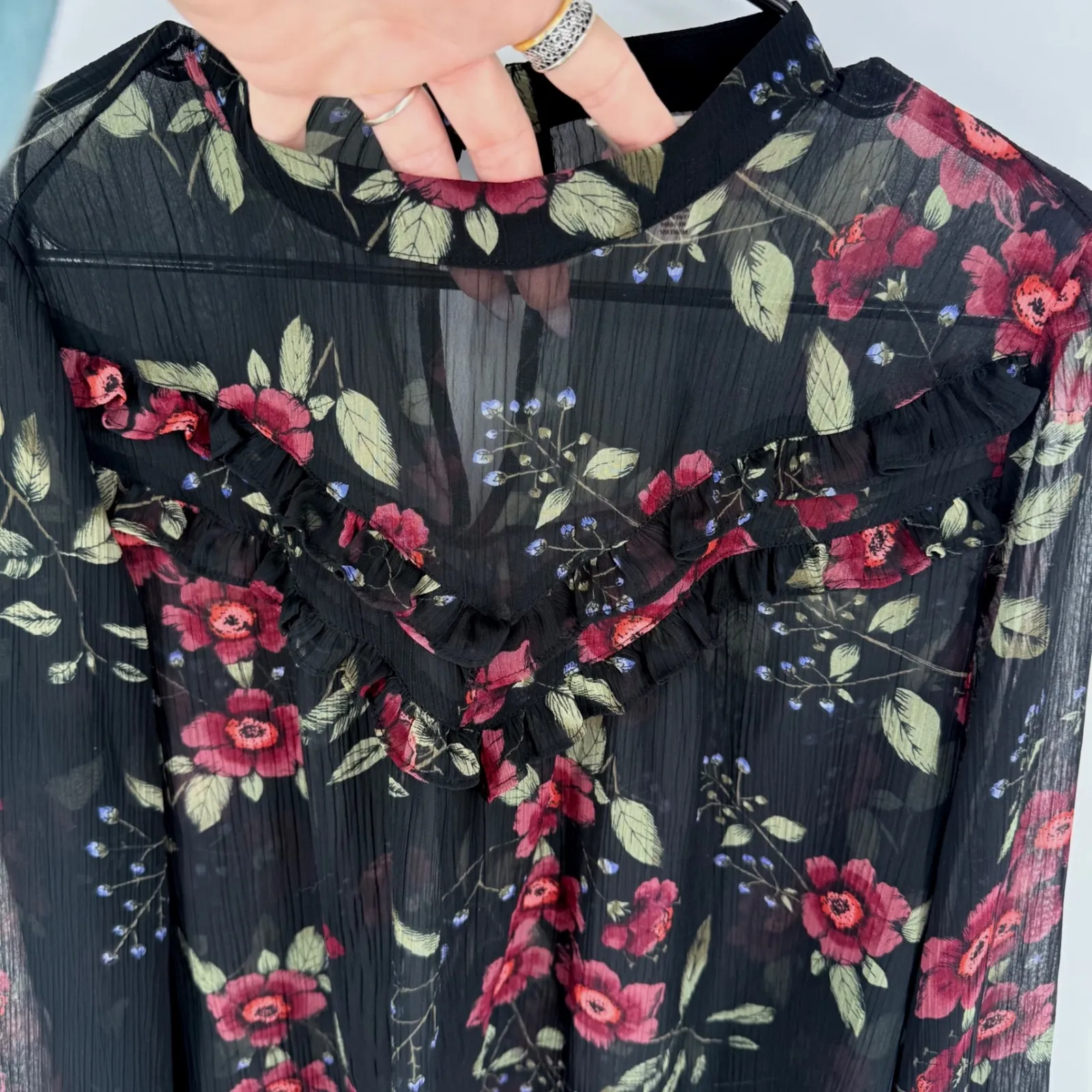 Arizona Jean Co Black Floral Ruffle Mock Neck Long Sleeve Sheer Blouse XL Boho - Image 8