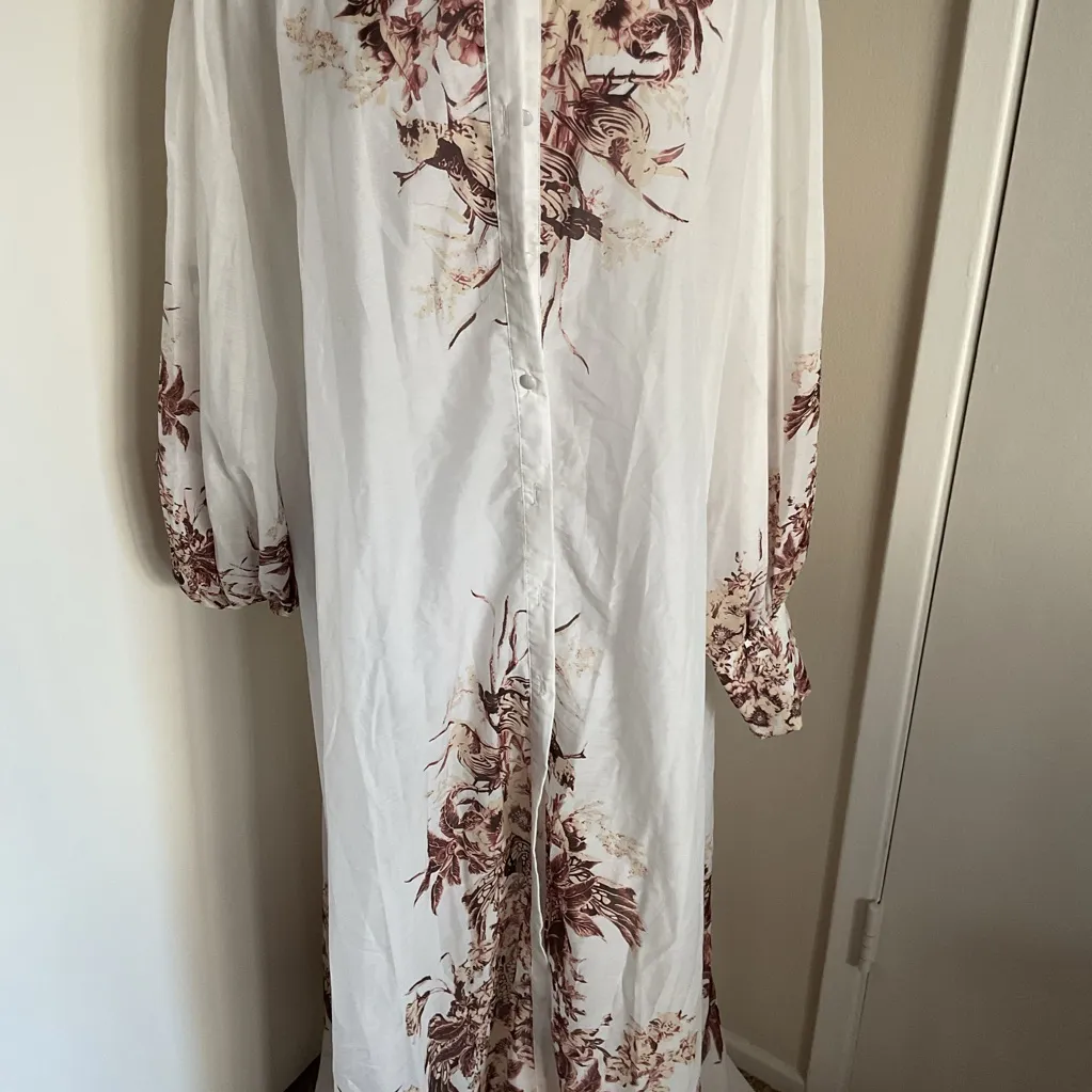 Floral Maxi Shirt Dress Sheer Long Sleeve Size Large. White - Image 7