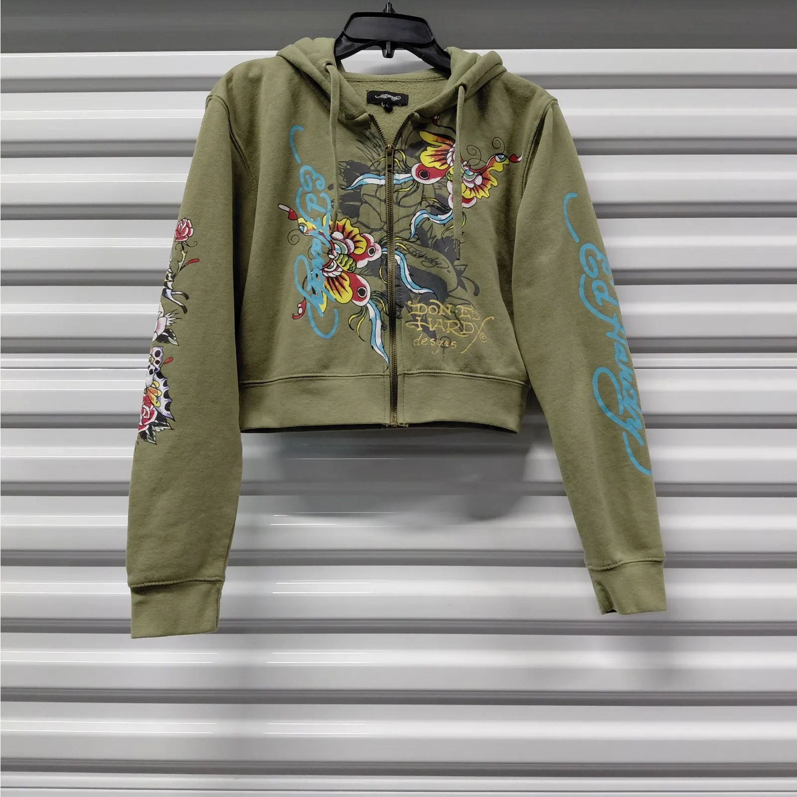Ed Hardy Womens Hoodie Jacket Large Green Tattoo Graphic Y2K Vintage Streetwear - Image 2