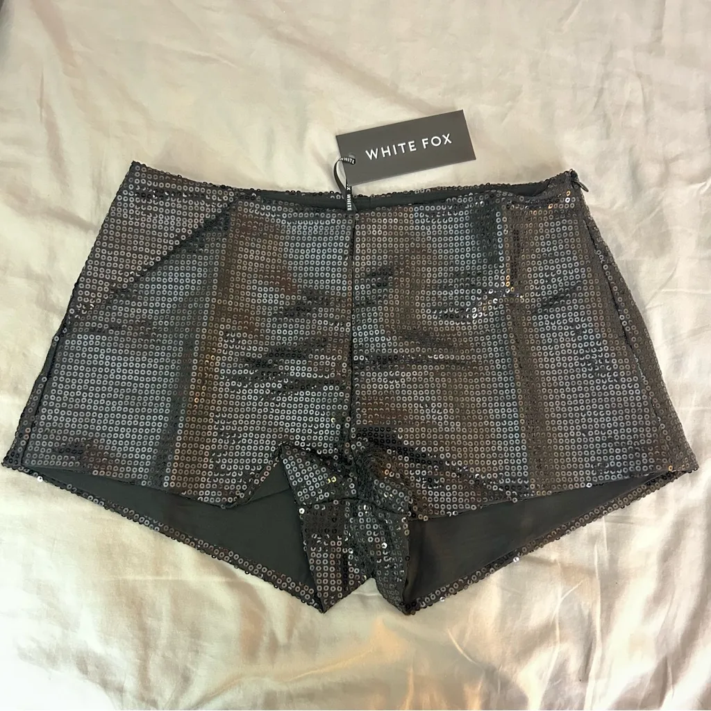 White Fox Boutique  Small Old News Sequin Shorts Black - Image 4