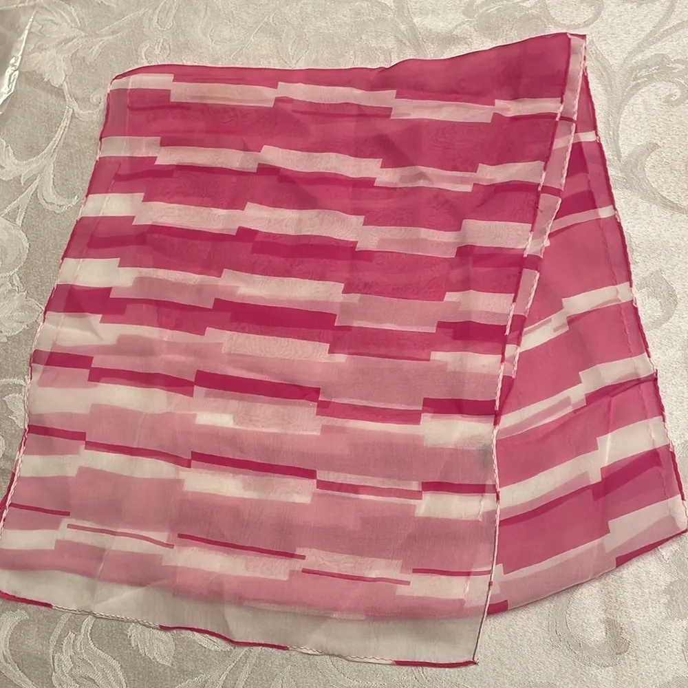 Contemporary 100% Silk Scarf Watermelon Pink & White Stripe 60” x 25” - Image 3