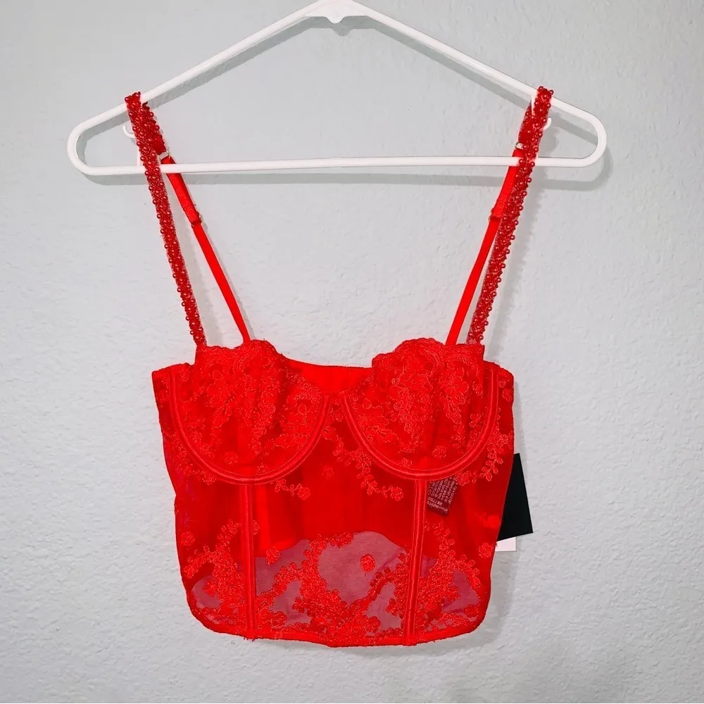Zara New Women Red Sexy Embroidered Underwire Corset Size 34B - Image 9