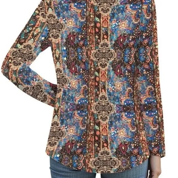 Fantaslook boho Henley top, size S—soft, colorful long sleeve perfect for fall. Blue - Image 2