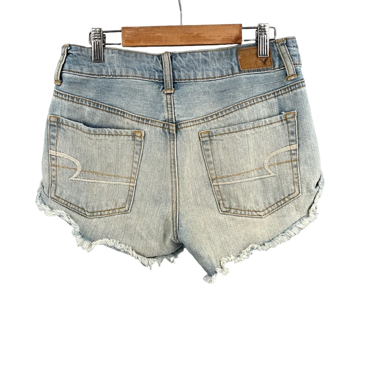 AEO Jean Short Blue Distressed Embroidered Feathers Hem Hi-Rise Festival Size 2 - Image 2