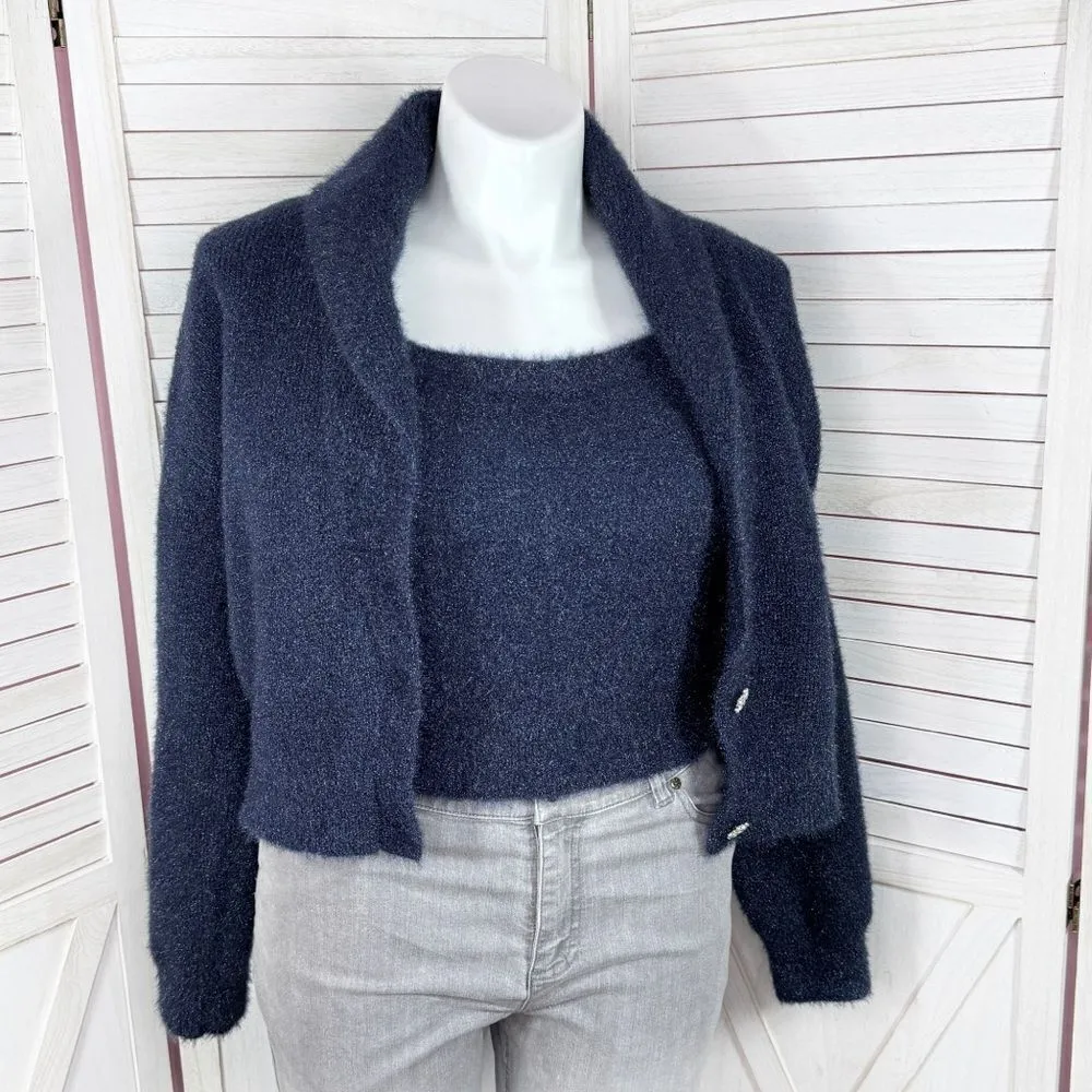 House Of Harlow 1960 Shimmer Sparkle Cardigan Sweater Set Navy Blue XL Chunky - Image 5