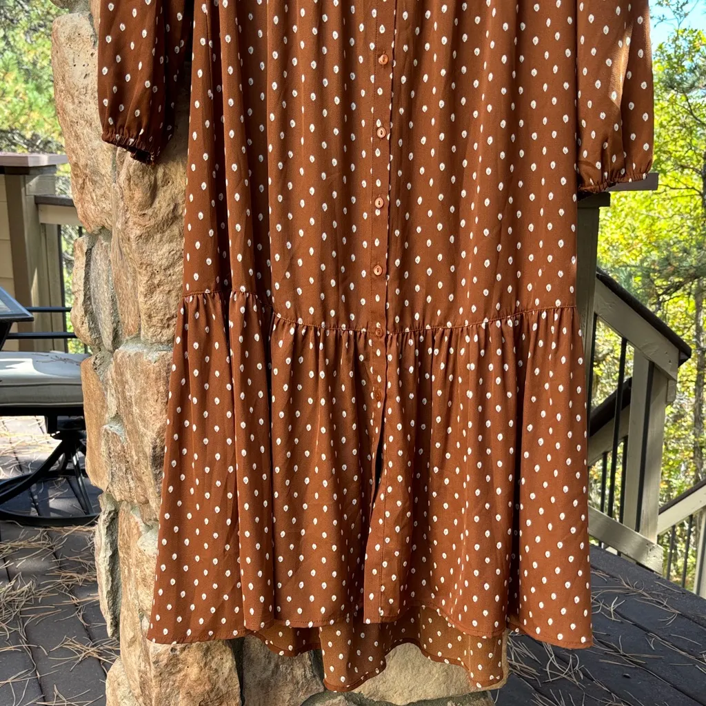 NEW! S Kori Brown Polka Dot Tiered Midi Dress Ruffle Hem High Neck Button Front - Image 5