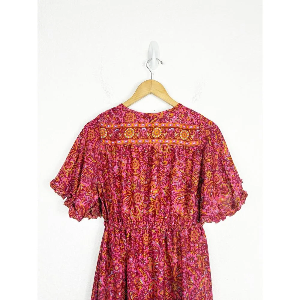 Vintage Tiered Bohemian Red Paisley Maxi Dress Tassel Stretch Silk Blend OS Size M - Image 10
