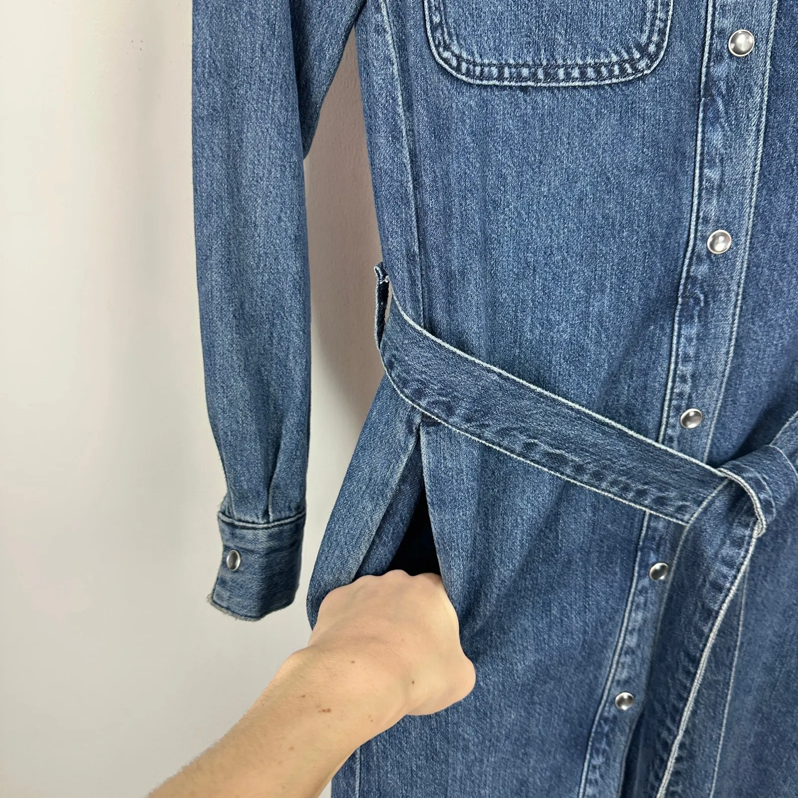 Madewell Denim Tie Waist Midi Shirtdress Avenida Wash Blue Long Sleeve XS NWT - Image 14