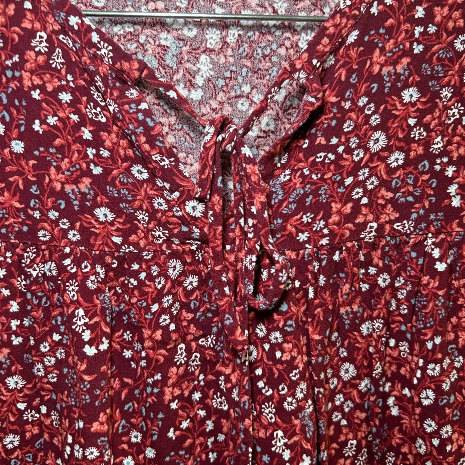 Reformation Jeans Dress Small Floral Print Long Sleeve Tie Neck Mini Maroon boho Red - Image 5