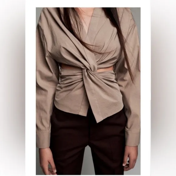 Zara Cut Out Knotted Shirt Taupe Size Small Top Twist Front Minimalist - Image 2