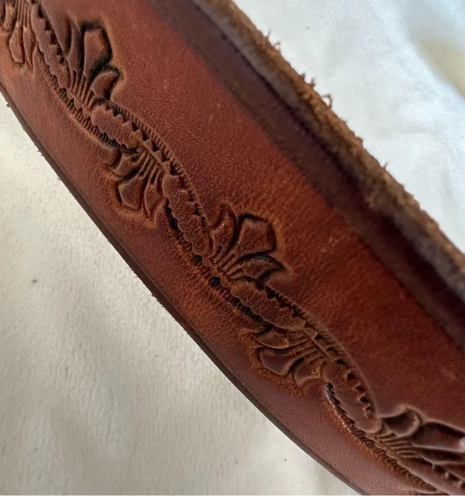 Vintage HAND TOOLED Leather WESTERN Belt XL Brown with Brass Rhinestone Buckle - Image 12