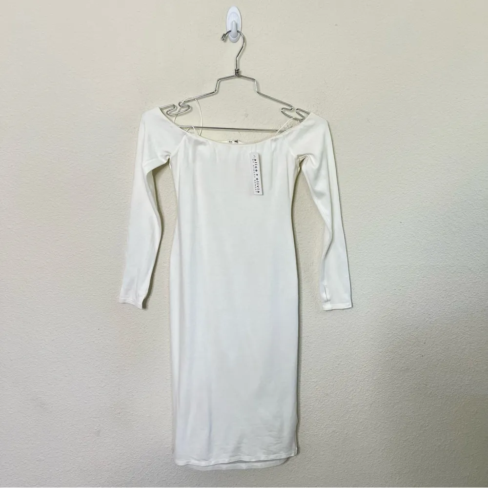 NWT Alice + Olivia Dorinda Off Shoulder Long Sleeve Knit Midi White Dress Size 0 - Image 5