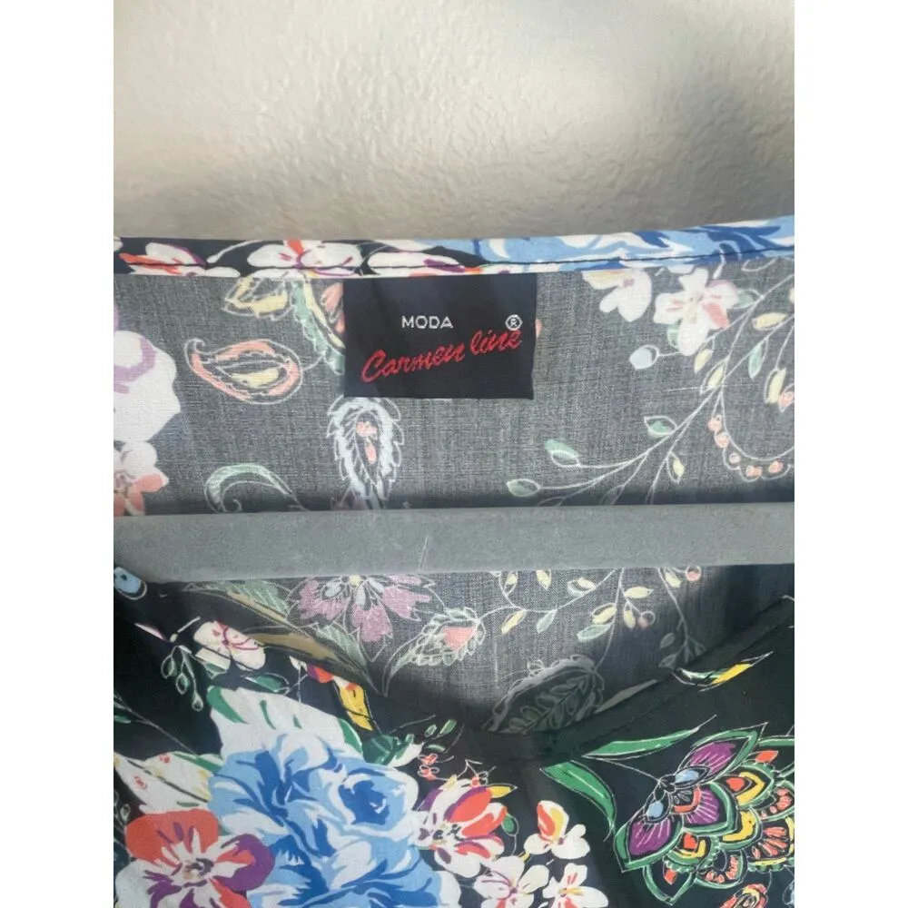 MODA Black Floral Flowy Maxi Dress Cap Sleeves Womens M Carmen Line Sundress - Image 2