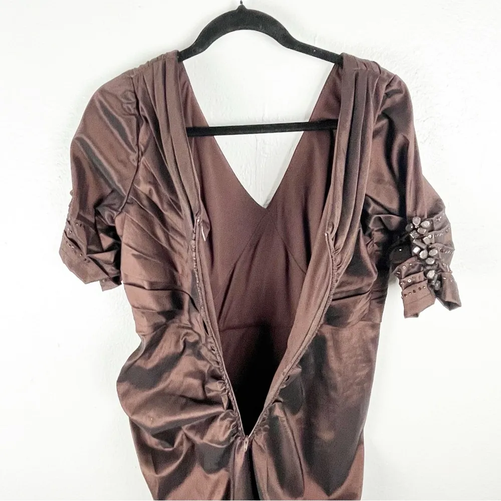 TADASHI SHOJI Brown Ruched Sequin Puffer Sleeves Deep V-Neck Maxi Dress Size 14 - Image 8