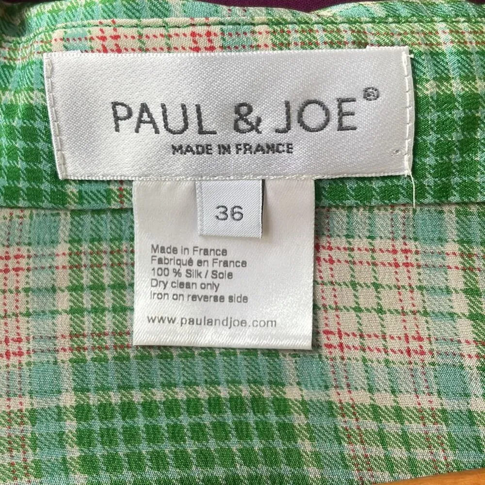 PAUL & JOE Printed Silk Cowl Dress Farmhouse Country Green Plaid XS - Image 3