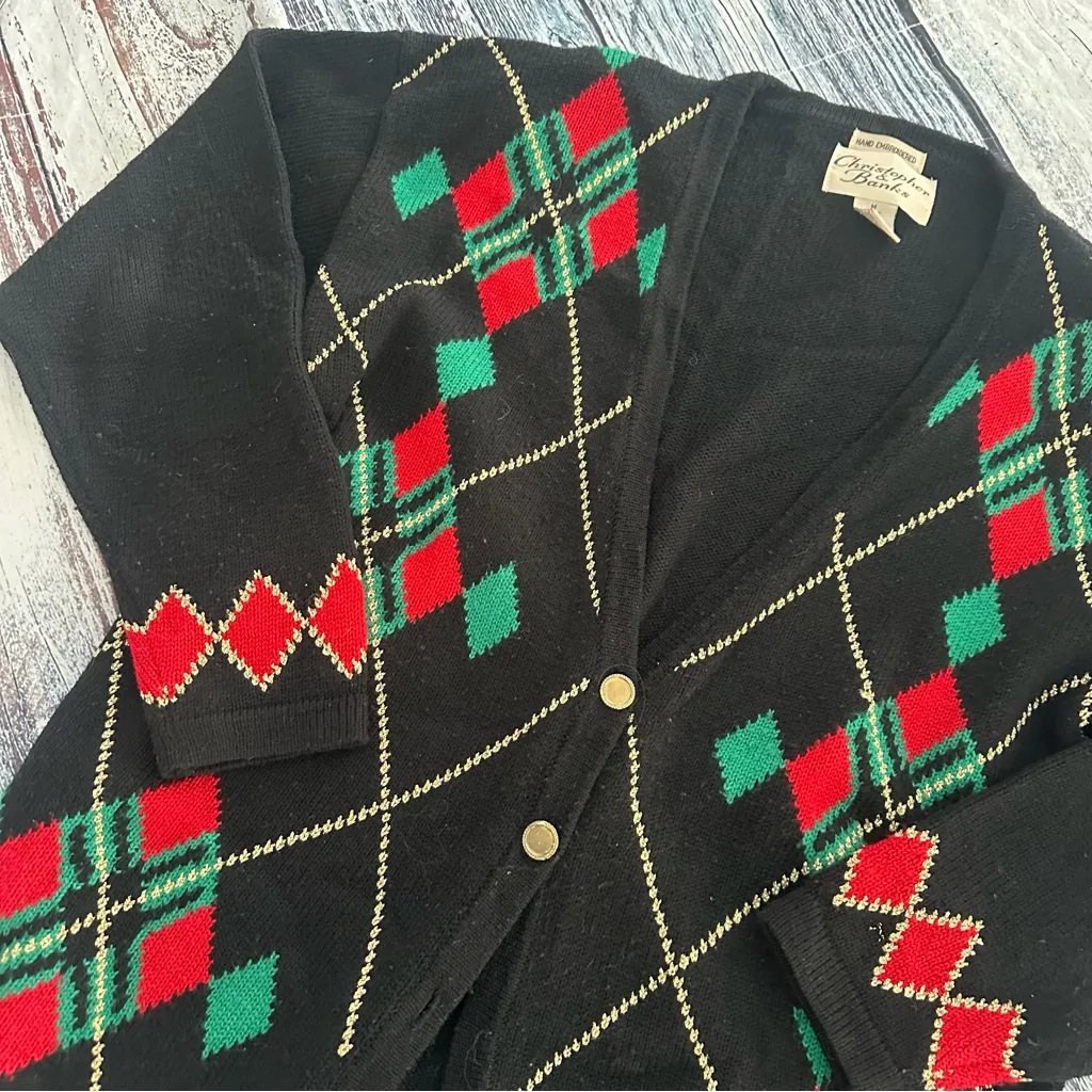 Vintage Christopher & Banks Black Cardigan with Red and Green Argyle - Image 3